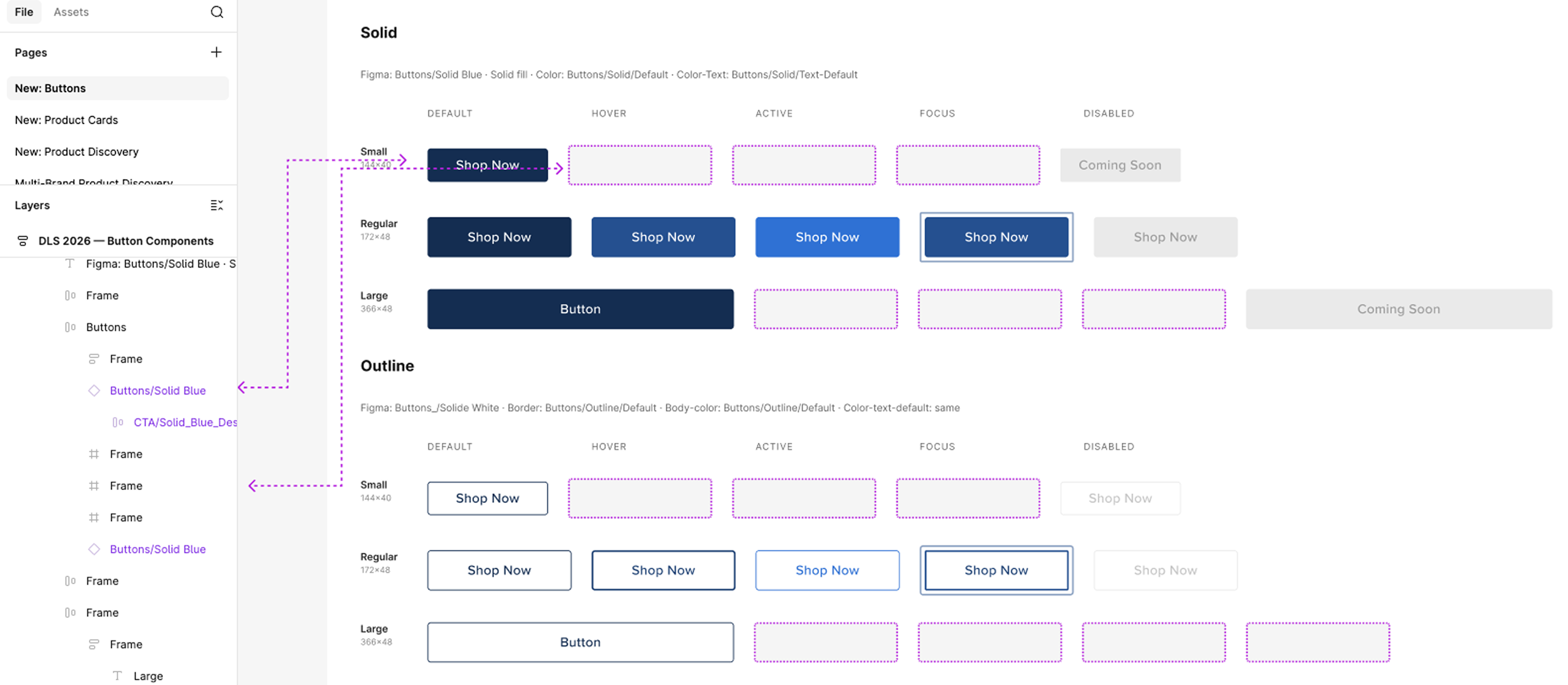 Buttons page — linked Solid and Outline component instances with state grids and dark mode